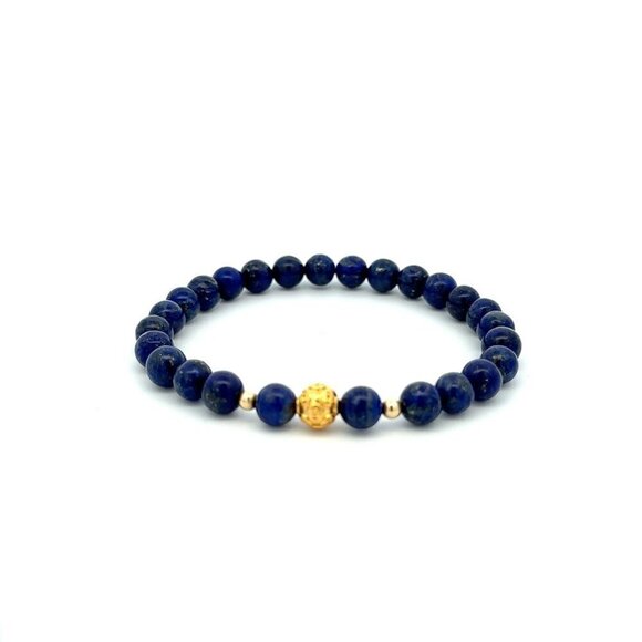 18K Gold Money Ball Lucky Charm Beads Bracelet Gemstones Lapis Lazuli 6mm - Picture 1 of 5